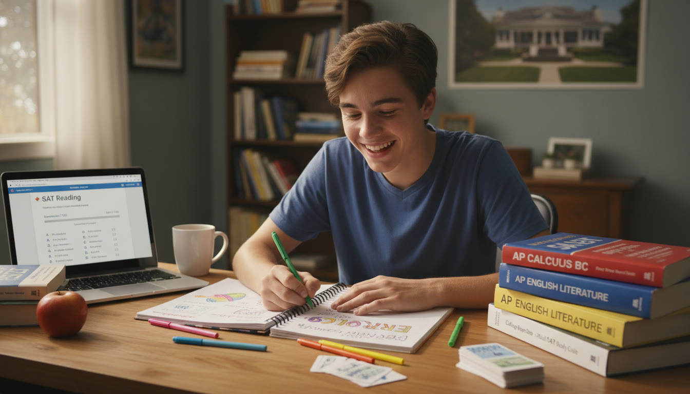 Photo Idea : A teen at a desk surrounded by AP and SAT prep books, writing in a colorful error log notebook while a laptop displays practice questions.