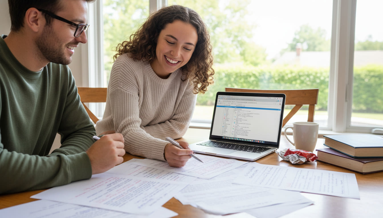 Photo Idea : A student receiving one-on-one tutoring at a kitchen table with annotated essays and a laptop showing a feedback document — conveys personalized guidance and active revision.
