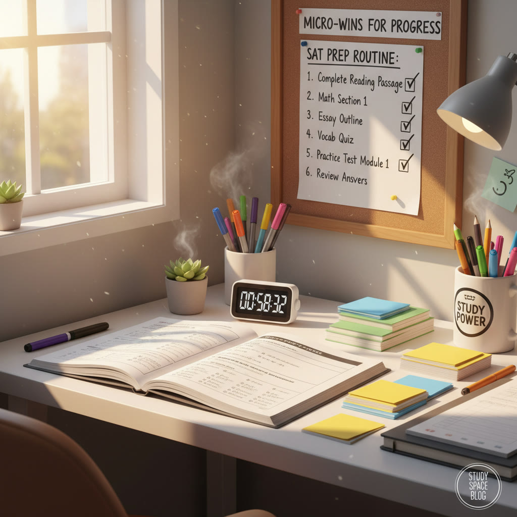 Study-space photo idea: an organized desk with a practice test, a timer, color-coded notes, and a visible checklist of micro-wins to emphasize routine and incremental progress.