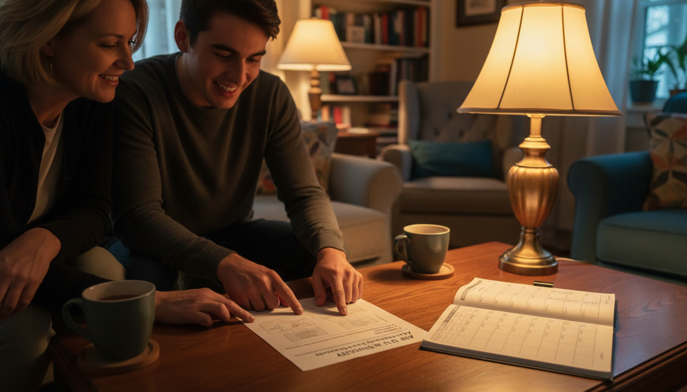 Photo Idea : Evening scene at home: a student and parent reviewing a single-page AP concept sheet together, warm lamp light, open calendar showing a weekly micro-study plan — conveys partnership and calm planning.
