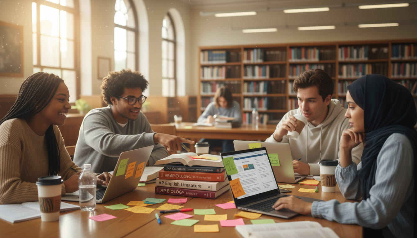 Photo Idea : A diverse group of students sitting around a library table with AP textbooks, laptops, and sticky notes—capturing curiosity and collaboration.