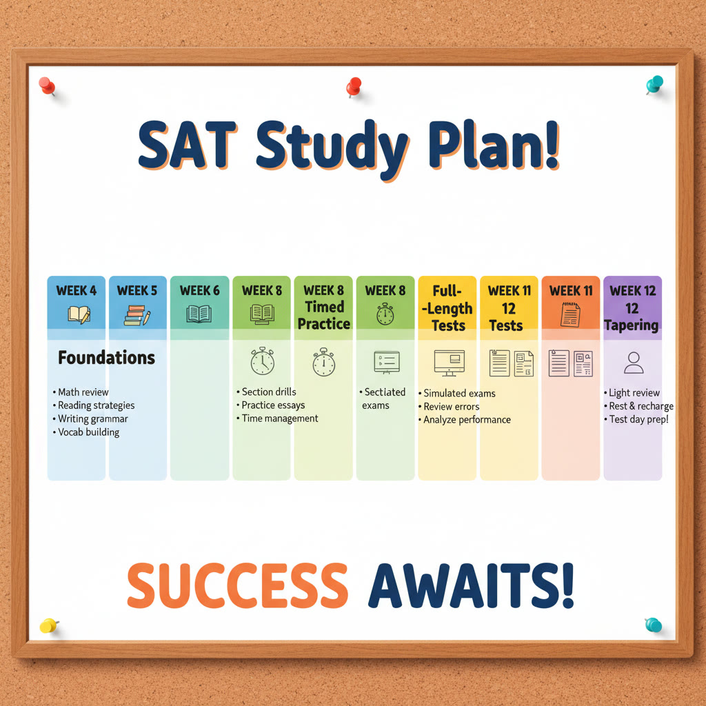 Visual idea: A study planner graphic showing a 12-week timeline with shifting weekly focus: foundations, timed practice, full-length tests, and tapering.