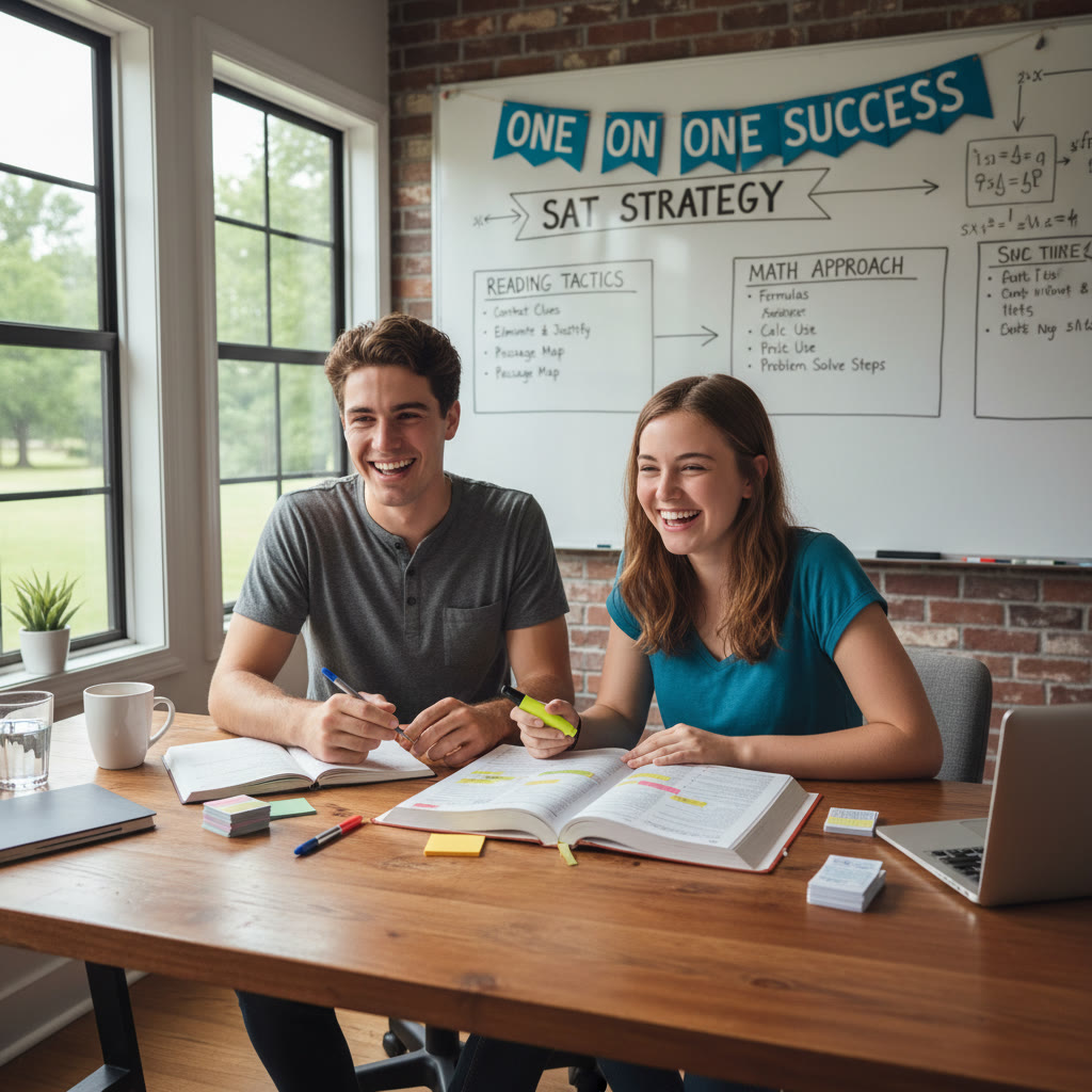 One-on-one tutoring session: a tutor and student working over a textbook with visible notes and a whiteboard, suggesting personalized guidance and strategy planning.