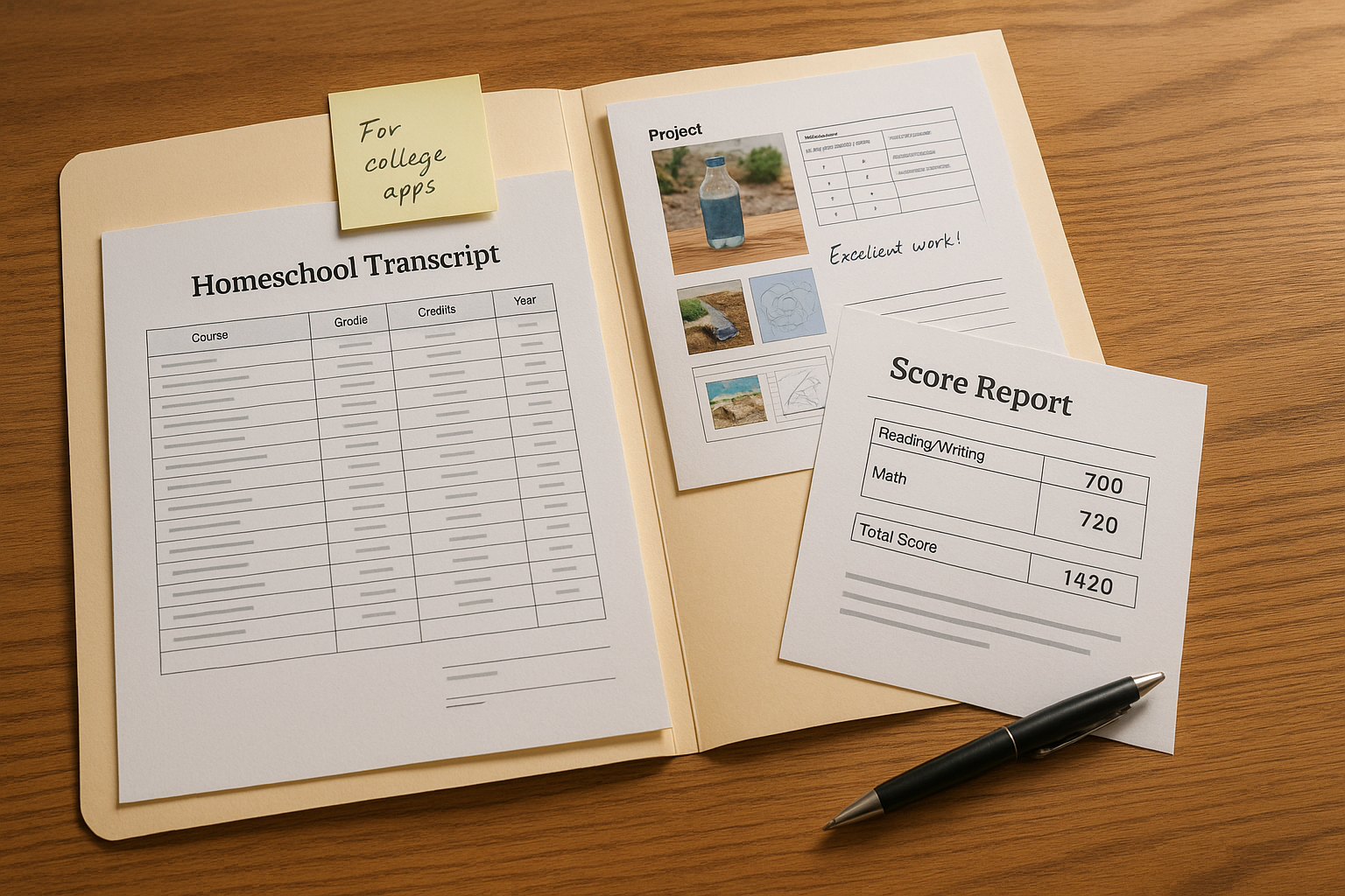 Photo Idea : A tidy folder spread open showing a homeschool transcript, sample project pages, and a printed SAT score report laid out on a wooden table.