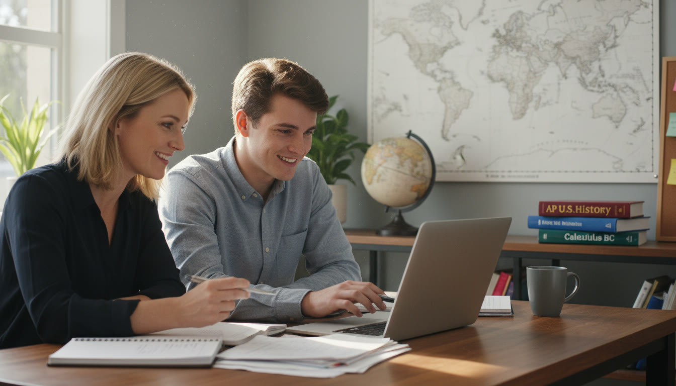 Photo Idea : A student consulting one-on-one with a tutor over a laptop and printed notes, with AP textbooks and a world map in the background—illustrates personalized tutoring and connected global studies. Place this near the tutoring section to highlight how tailored guidance fits into the study plan.