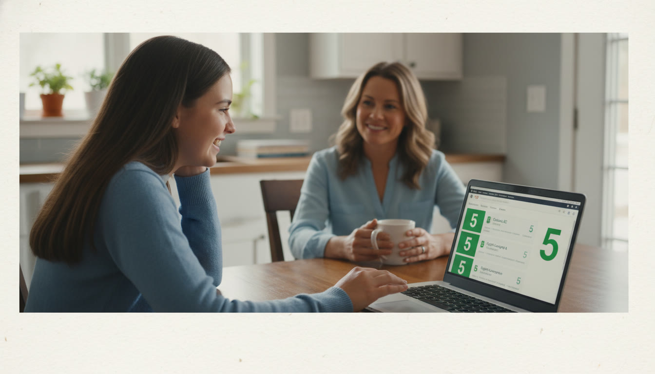 Photo Idea : A calm scene of a teen checking their College Board score portal on a laptop while a parent sips coffee nearby — conveys partnership and quiet focus. Place this image near the section on communication and reducing panic.