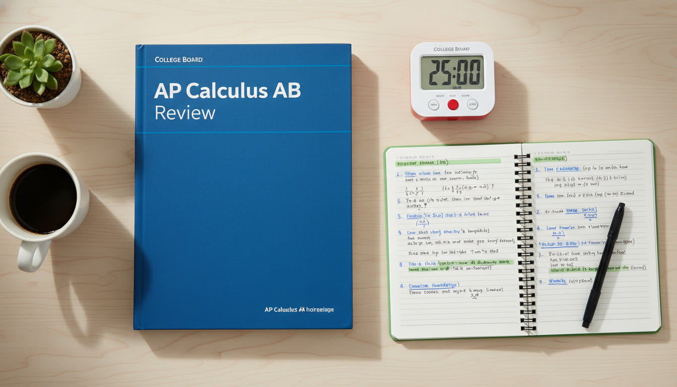 Photo Idea : A top-down shot of a study desk with an AP review book, a timer set to 25:00, and a notebook with neat notes—conveys Pomodoro readiness and intentional study setup.