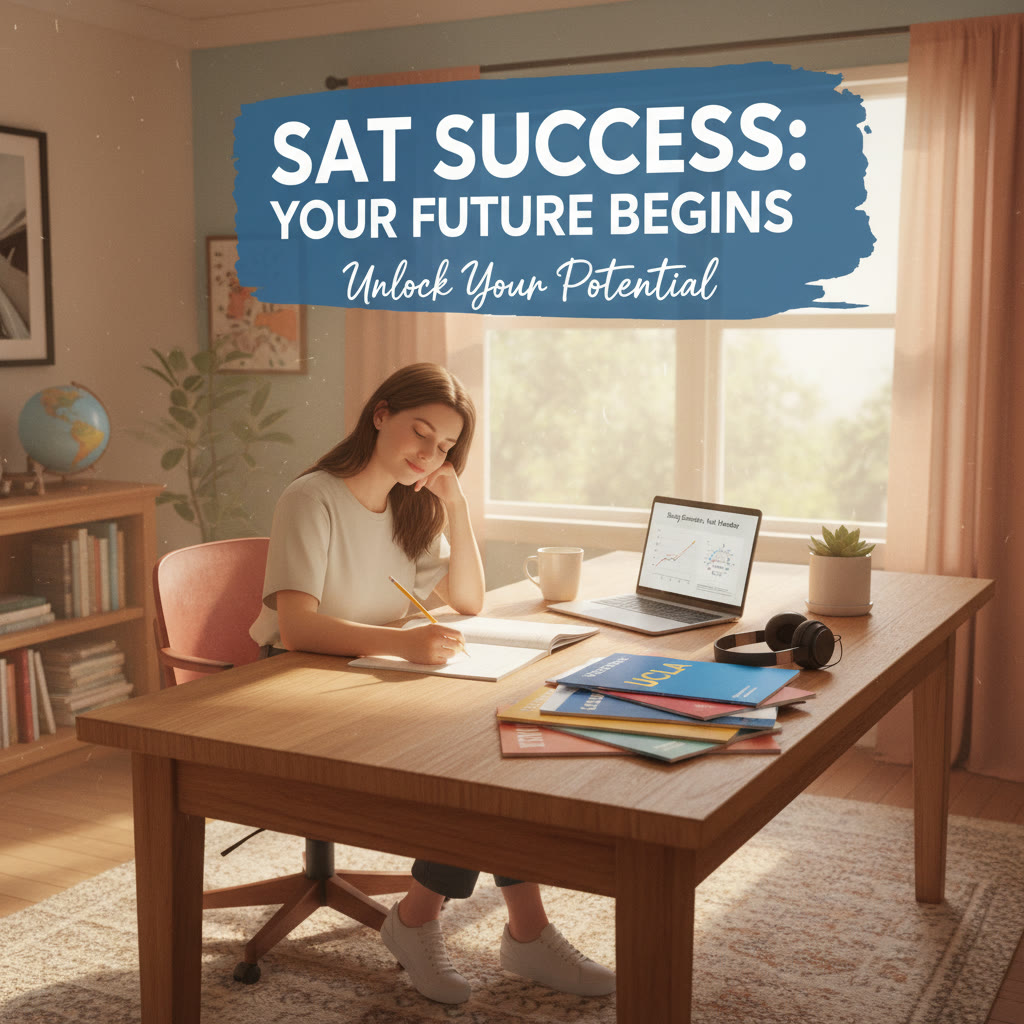Photo Idea : A calm workspace with a student writing at a desk, college brochures and headphones nearby — natural light, warm tones.