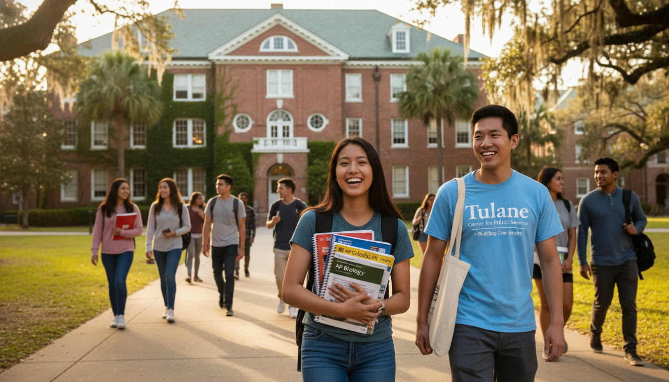 Photo Idea : A sunny campus scene with students walking past a Tulane-style brick building, one student holding AP prep materials and another wearing a service project T-shirt. The image should feel warm and purposeful—community and academics together.