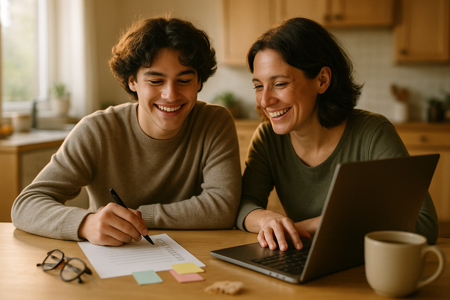 Photo Idea : A relaxed student and parent at a kitchen table, laptop open, a printed checklist, sticky notes, and a cup of tea. Natural light, candid smiles; conveys partnership and planning.