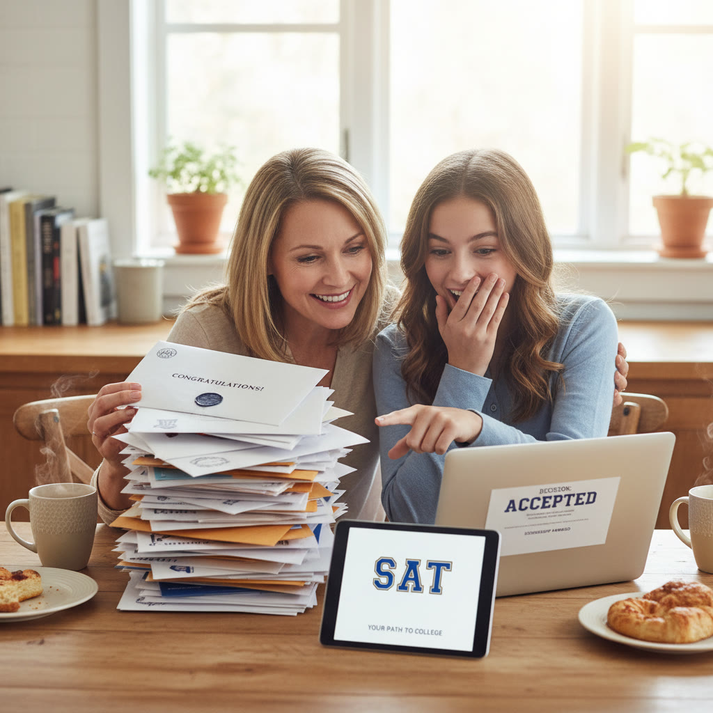 Photo Idea : A parent and teen reviewing a college acceptance letter stack at a kitchen table, with a laptop open to a college portal — a warm, hopeful scene.