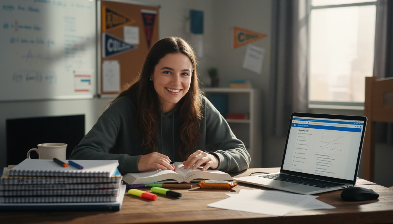 Photo Idea : A student mid study with AP notebooks on one side and a laptop displaying a Digital SAT practice question on the other   visualizing the dual focus on coursework and testing.