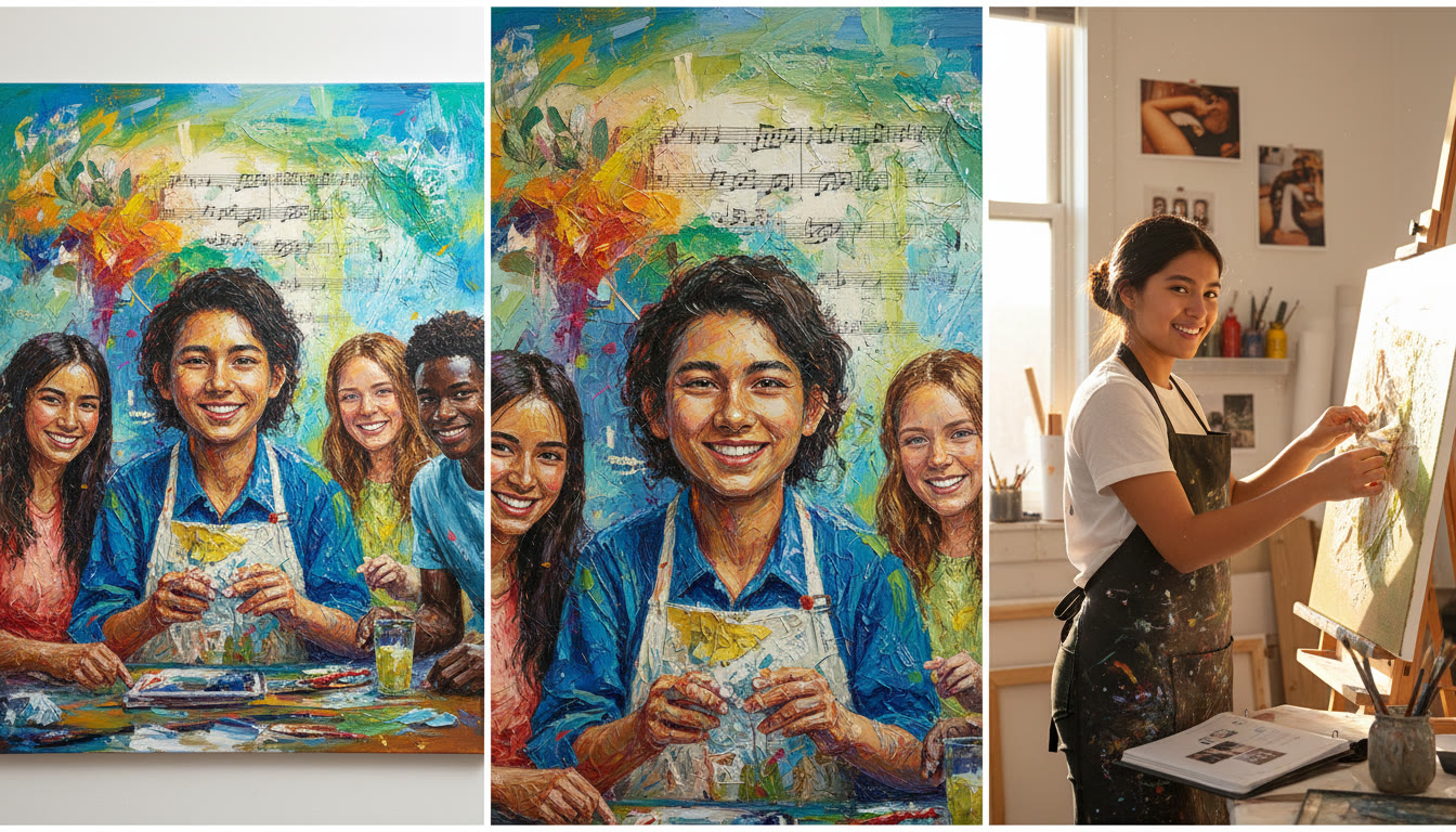 Photo Idea : A sequence of three images: full artwork, close-up detail, and in-studio process shot — demonstrates both finished work and maker context.