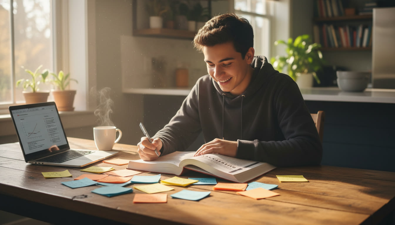 Photo Idea : A candid shot of a high school student at a kitchen table surrounded by colorful notes, an open AP prep book, and a laptop—warm natural light, conveying focus and calm.