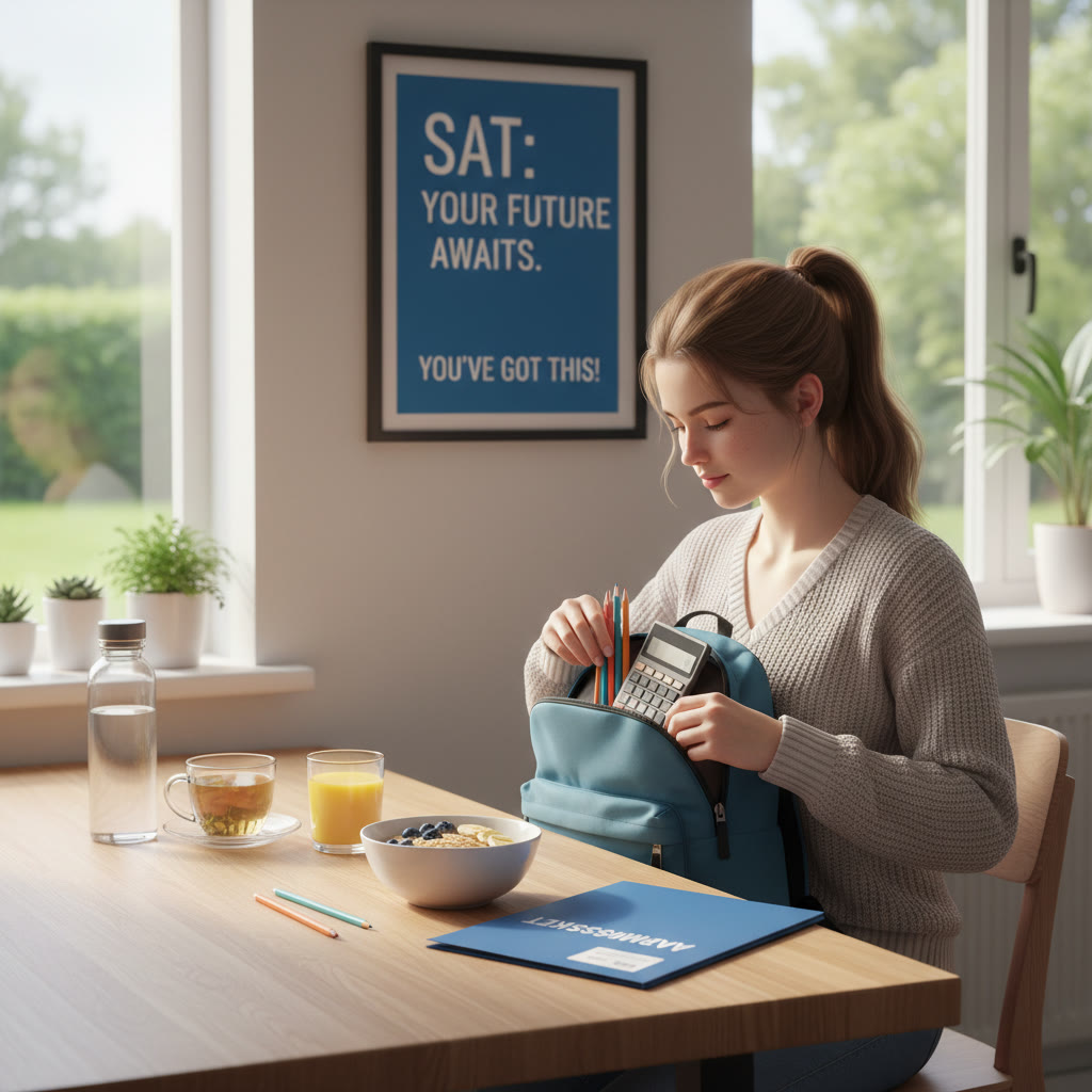 A calm test day morning scene with a student packing the essentials, a healthy breakfast on the table, and quiet focus in the room