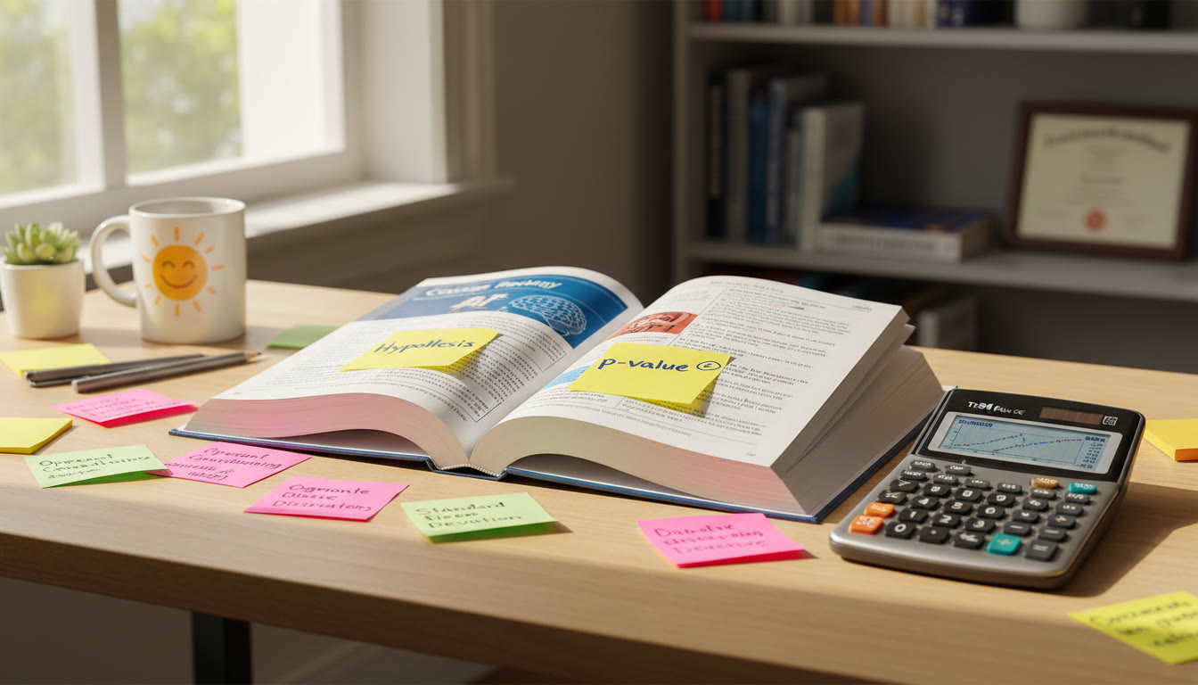 Photo Idea : A bright study desk with an open AP Psychology textbook, a graphing calculator, and sticky notes reading “Hypothesis” and “p‑value,” suggesting the intersection of behavioral science and statistics.