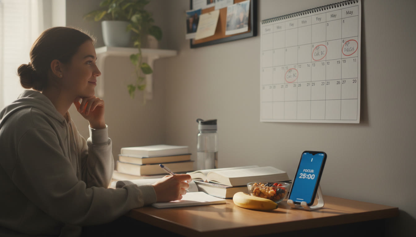 Photo Idea : A student at a desk with a gentle morning sun, a calendar on the wall with exam dates circled, a water bottle, healthy snacks, and a smartphone showing a short focus-timer app. This image should sit early in the article to set the tone of calm, practical planning.