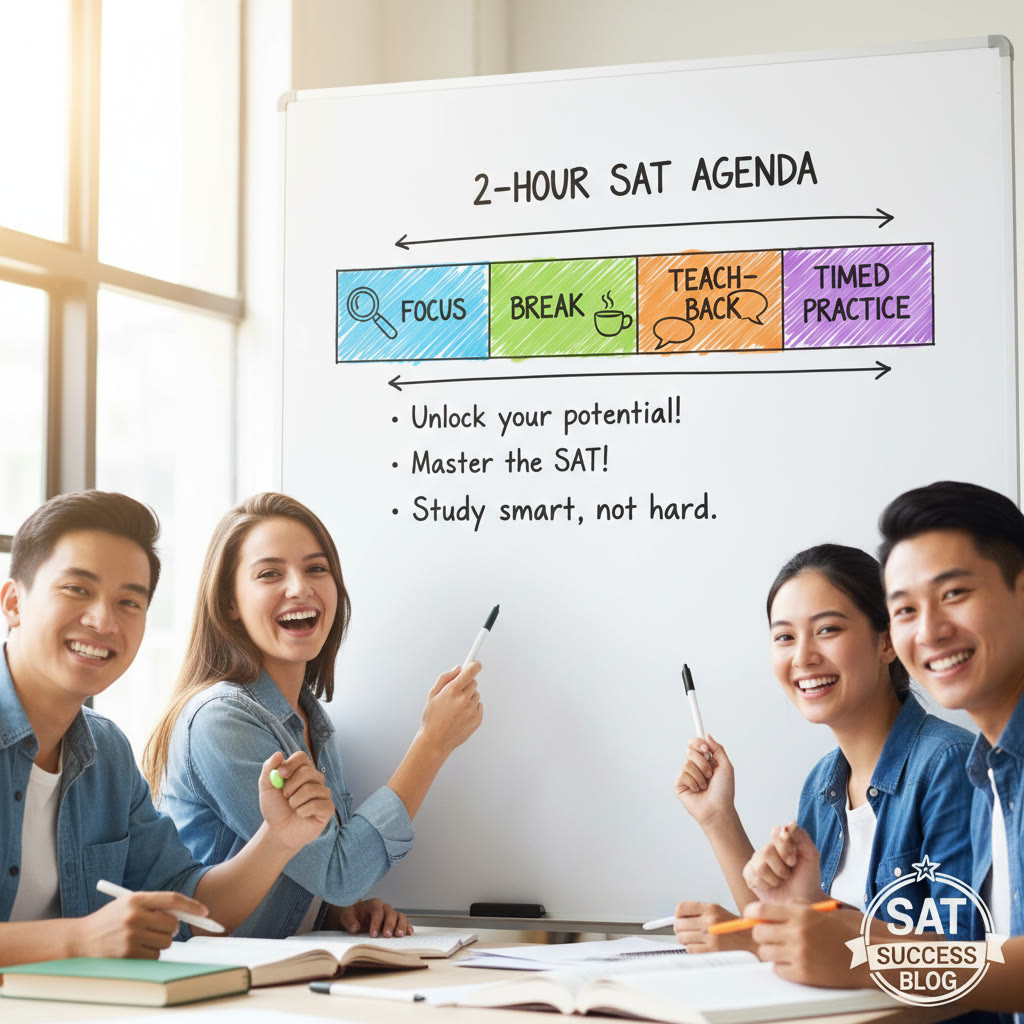 A simple graphic of a 2-hour agenda timeline with colored blocks (focus, break, teach-back, timed practice) to visualize the session structure.