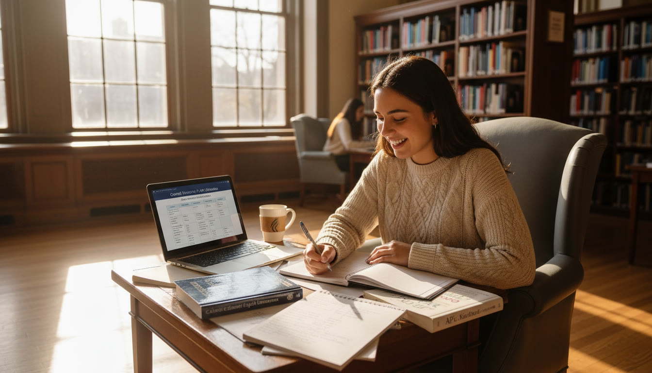 Photo Idea : A student studying in a sunlit Cornell library corner with AP review notes and a laptop open to a personalized study plan — emphasizes individual preparation and the bridge to college coursework.