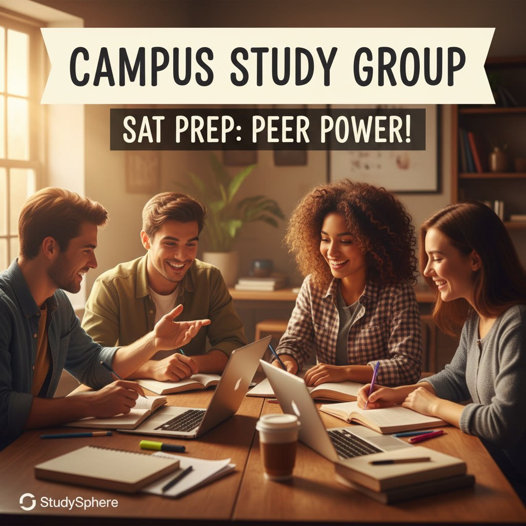 Campus study group in warm light: students collaborating at a table with notebooks and laptops, capturing the energy of peer learning and engagement.