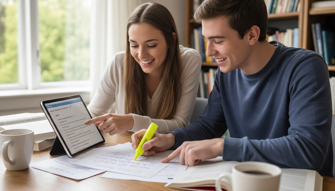 Photo Idea : A tutor and student reviewing a graded FRQ together with annotations; one hand points to a rubric while the other highlights a sentence in the student's answer. The image should convey collaboration, clear feedback, and the moment of 'aha' when rubric language is applied.