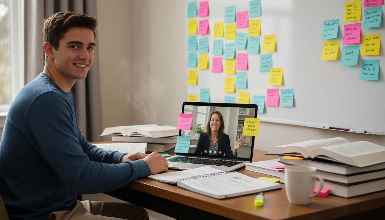 Photo Idea : A student at a desk with textbooks and a laptop, surrounded by sticky notes and a planner, with a tutor on a video call. The scene should feel focused and calm, hinting at personalized study plans and one-on-one guidance.