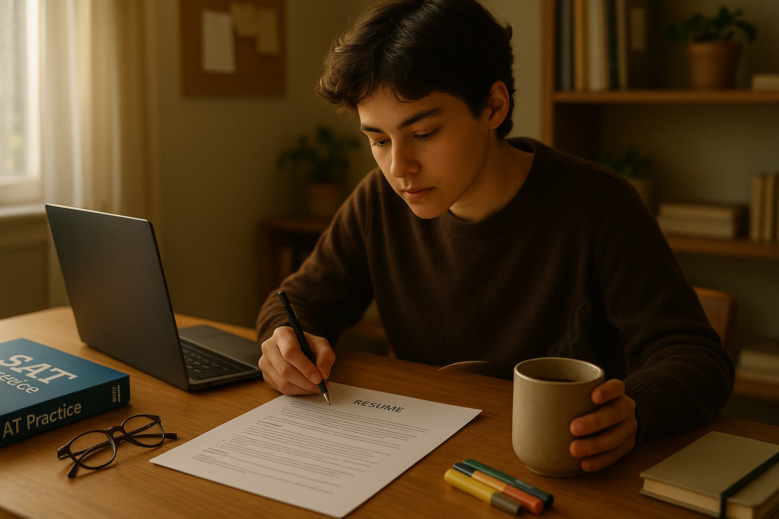 Photo Idea : A focused student at a desk with a neatly arranged résumé, laptop open, SAT practice book, and a cup of coffee — warm, natural light, candid moment.
