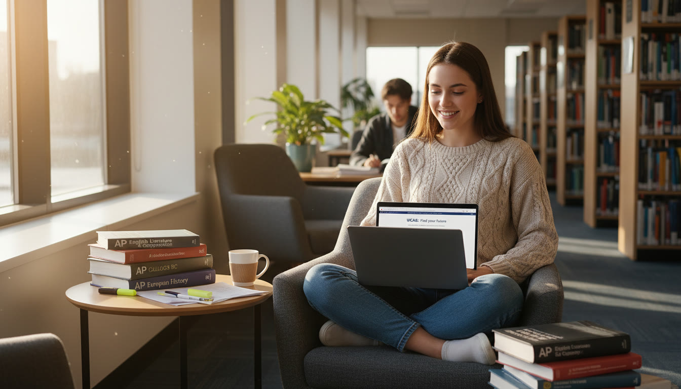Photo Idea : A confident student in a quiet study corner surrounded by AP textbooks and a laptop showing the UCAS page; warm natural light, relaxed but focused vibe. This image would sit near the top to visually connect AP study with UK application goals.