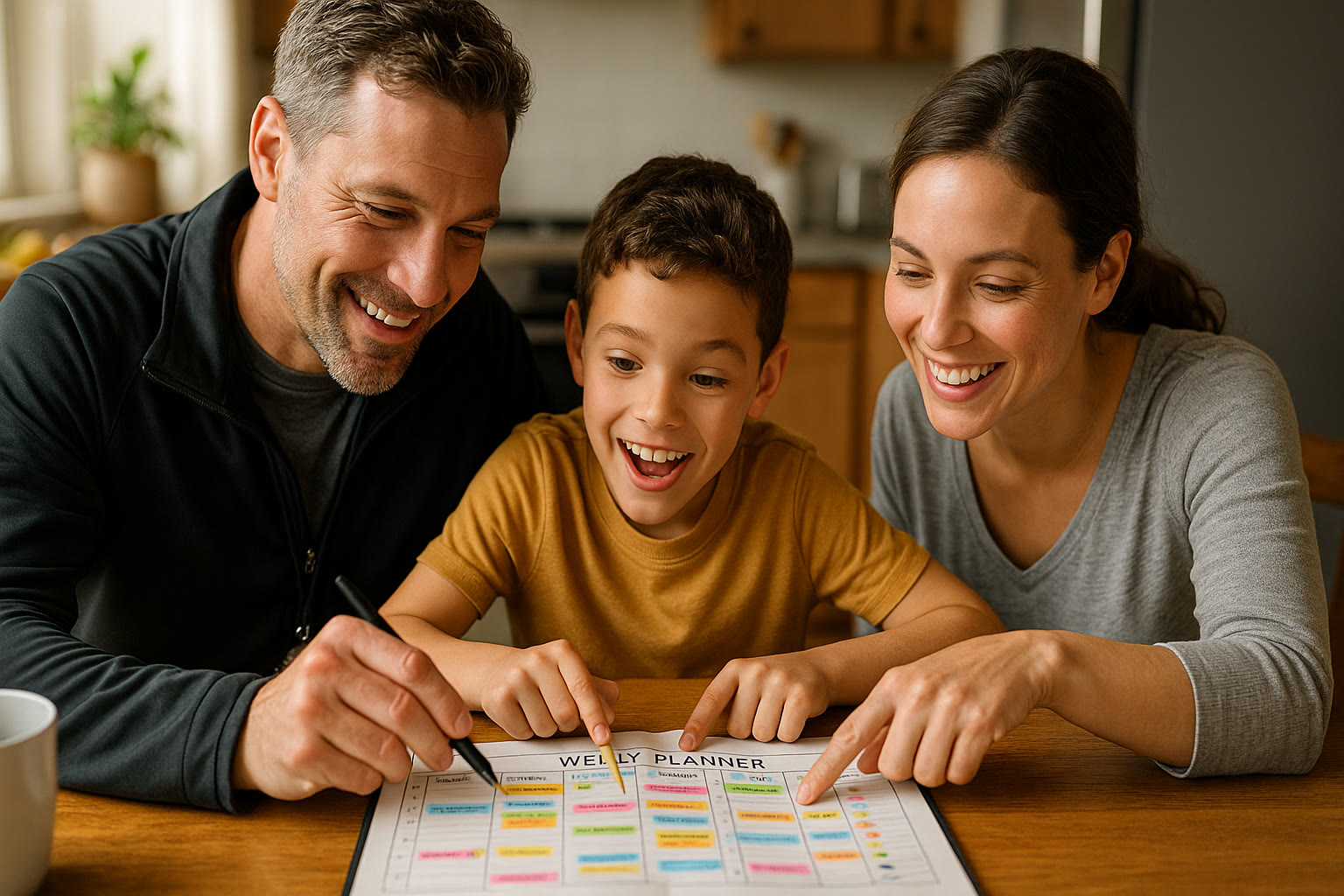 Photo Idea : A coach, parent, and student huddled over a weekly planner at a kitchen table, pointing to a color-coded calendar and smiling—showing teamwork and coordination.