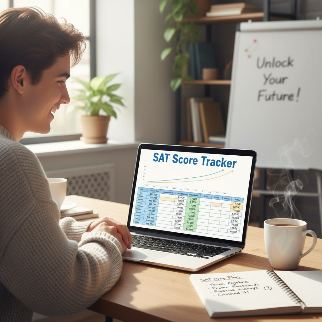 Student checking a colorful spreadsheet on a laptop with a cup of coffee and a notebook beside them, showing a neat progression of SAT scores and notes