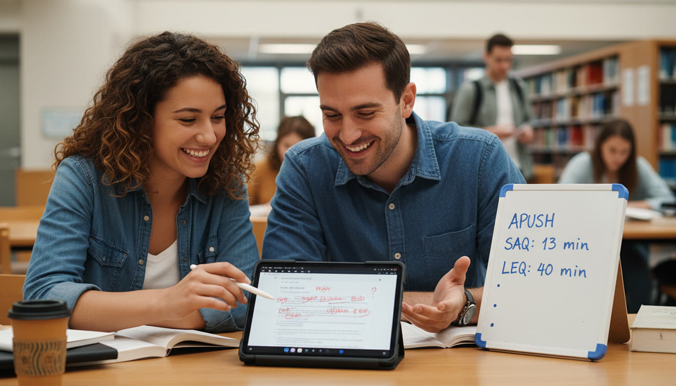 Photo Idea : A candid image of a student meeting with a tutor over a tablet, both smiling, with annotated practice FRQs and a small whiteboard showing timing strategies—illustrates focused, personalized 1-on-1 preparation and progress.