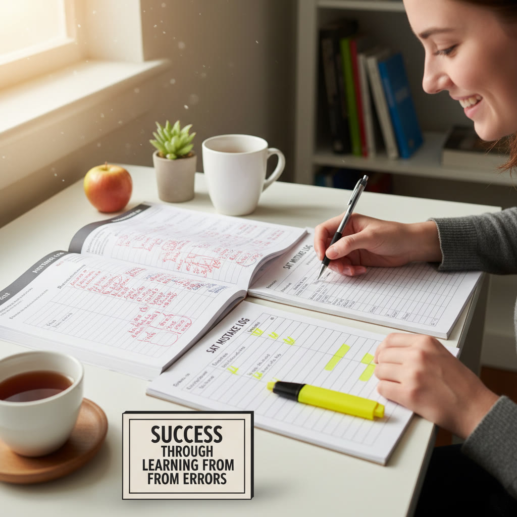Study desk with a practiced test, marked corrections, a mistake log notebook, and a highlighted checklist — captures the act of reviewing wrong answers.