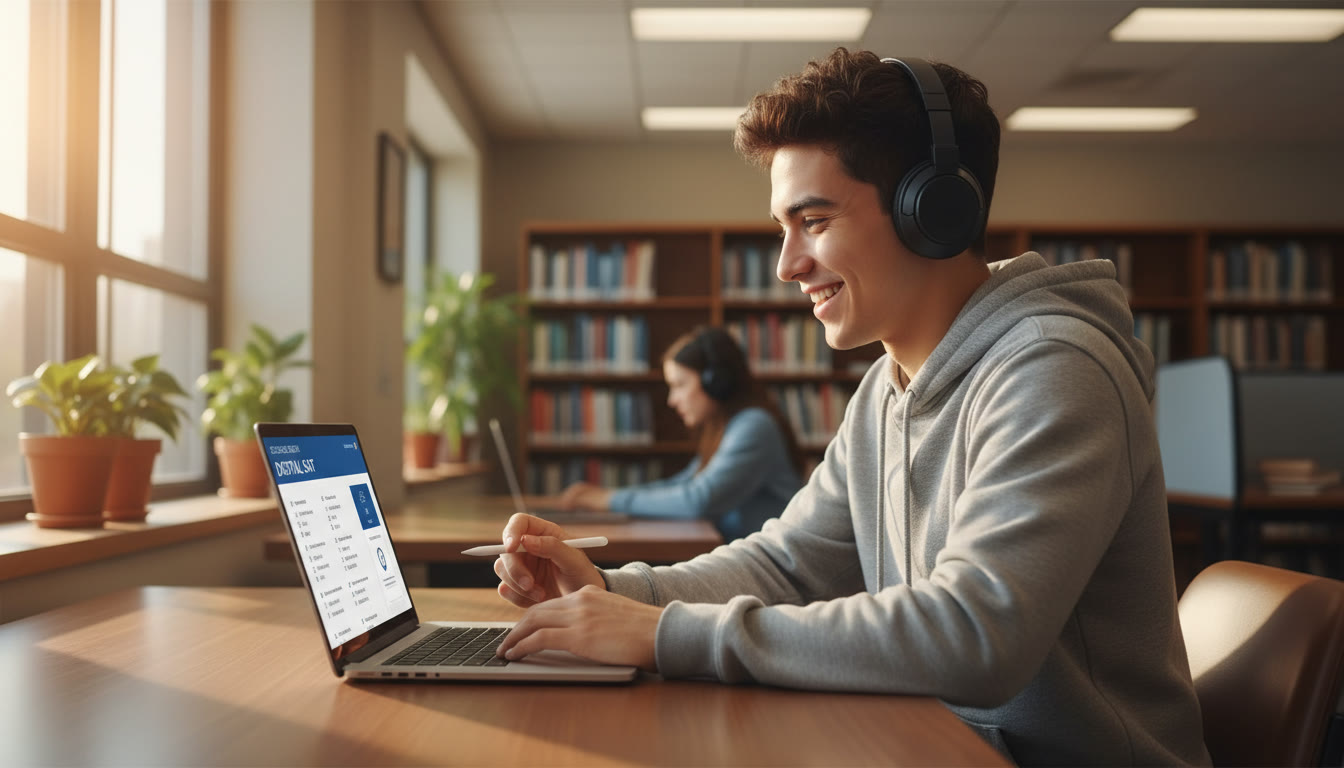 Photo Idea : A focused student taking the Digital SAT on a laptop in a quiet study room—natural light, soft background, showing concentration and a modern testing environment.