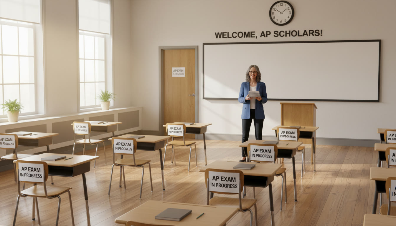 Photo Idea : A bright, calm classroom set up for an exam—neatly spaced desks, clear signage, and a friendly proctor at the front. This image helps normalize the testing environment and visually introduces seating and room setup.