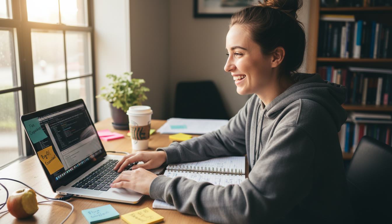 Photo Idea : A bright, candid photo of a student working at a laptop with circuit diagrams and a notebook open—natural light, focused expression, scattered sticky notes showing a lived-in study session. Place this near the top to set an aspirational tone.
