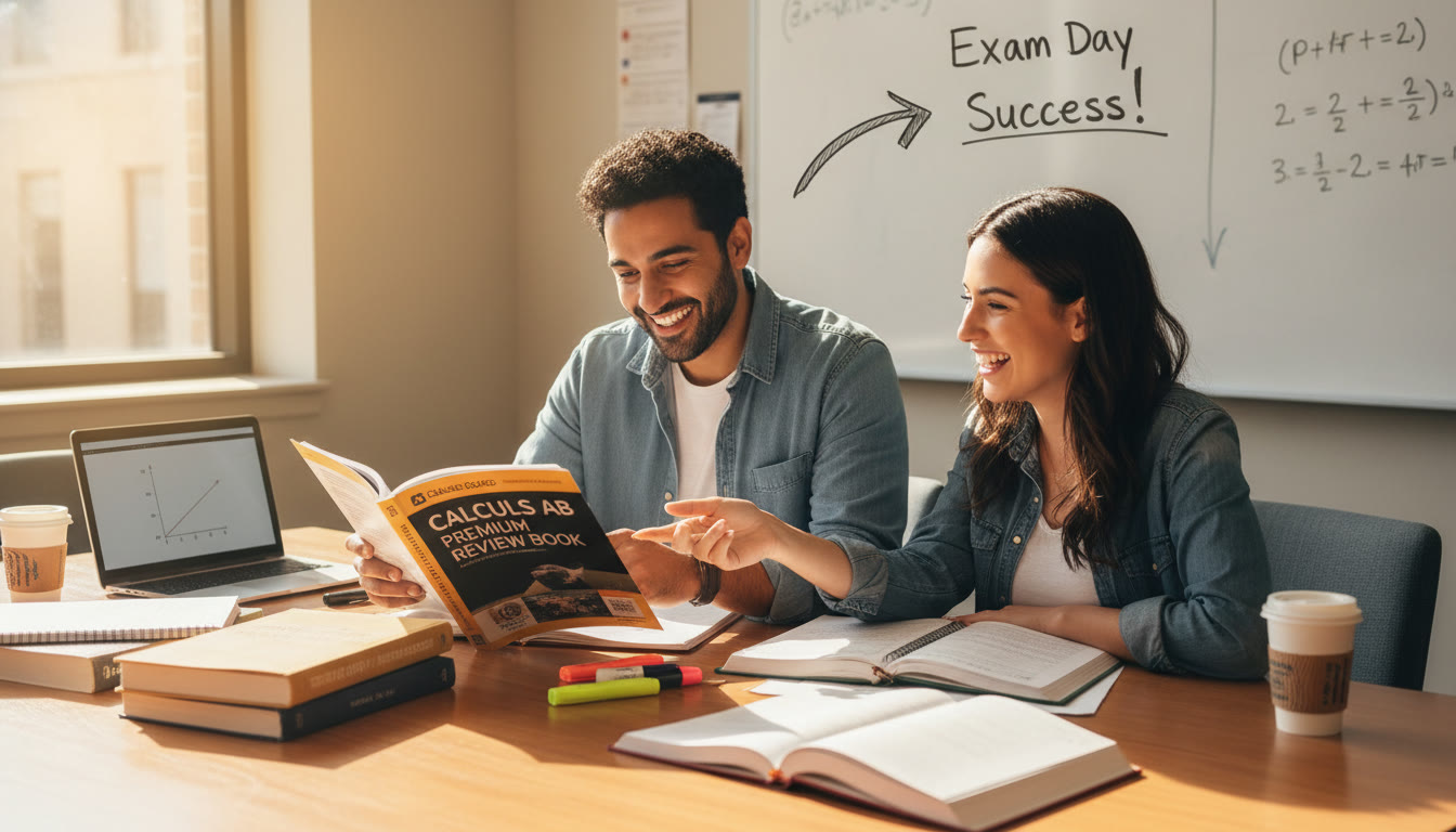 Photo Idea : A focused study scene: a tutor and student working together with an AP review book, laptop, and notes. The caption would suggest collaboration and targeted preparation for exam-day success.