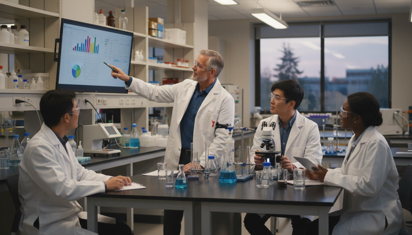 Photo Idea : A university lab team mid‑experiment with a student explaining data to a mentor; use this near the end when discussing research and upper‑division labs to emphasize progression from AP labs to college research.