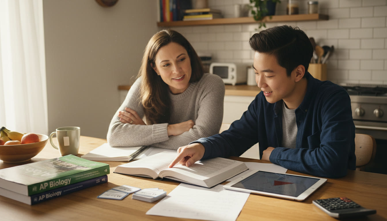 Photo Idea : A warm, candid shot of a parent and teen at a kitchen table with study materials spread out; the parent sits back, listening, while the teen points to a page — capturing a calm planning conversation.