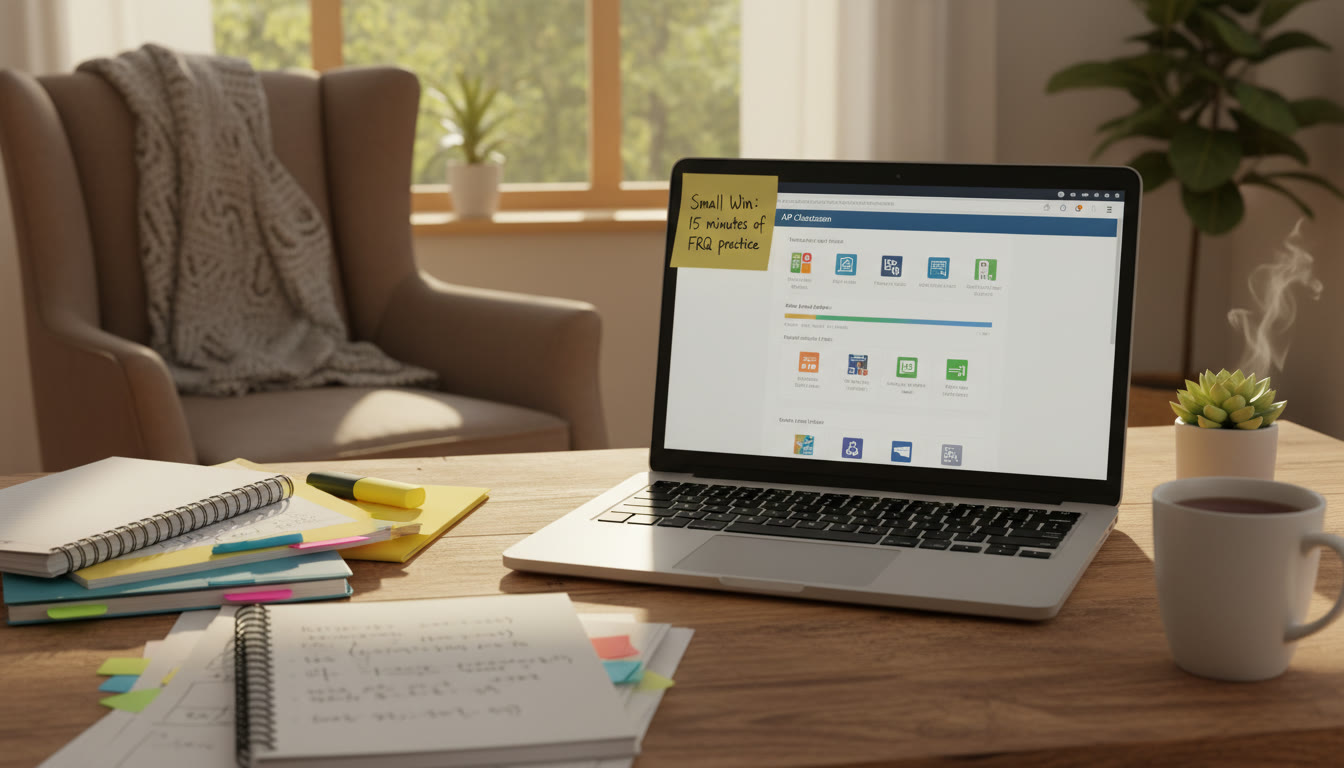 Photo Idea : A cozy study nook with color-coded notes, a laptop open to AP Classroom, and a sticky note labeled 