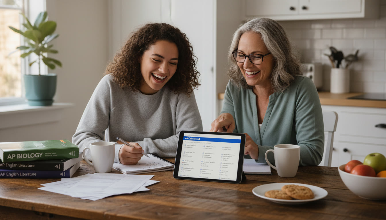 Photo Idea : A warm, engaging photo of a student and a tutor (or mentor) sitting at a kitchen table with AP textbooks, a tablet showing practice problems, and a notepad of action items — illustrating 1-on-1 personalized tutoring and study planning.