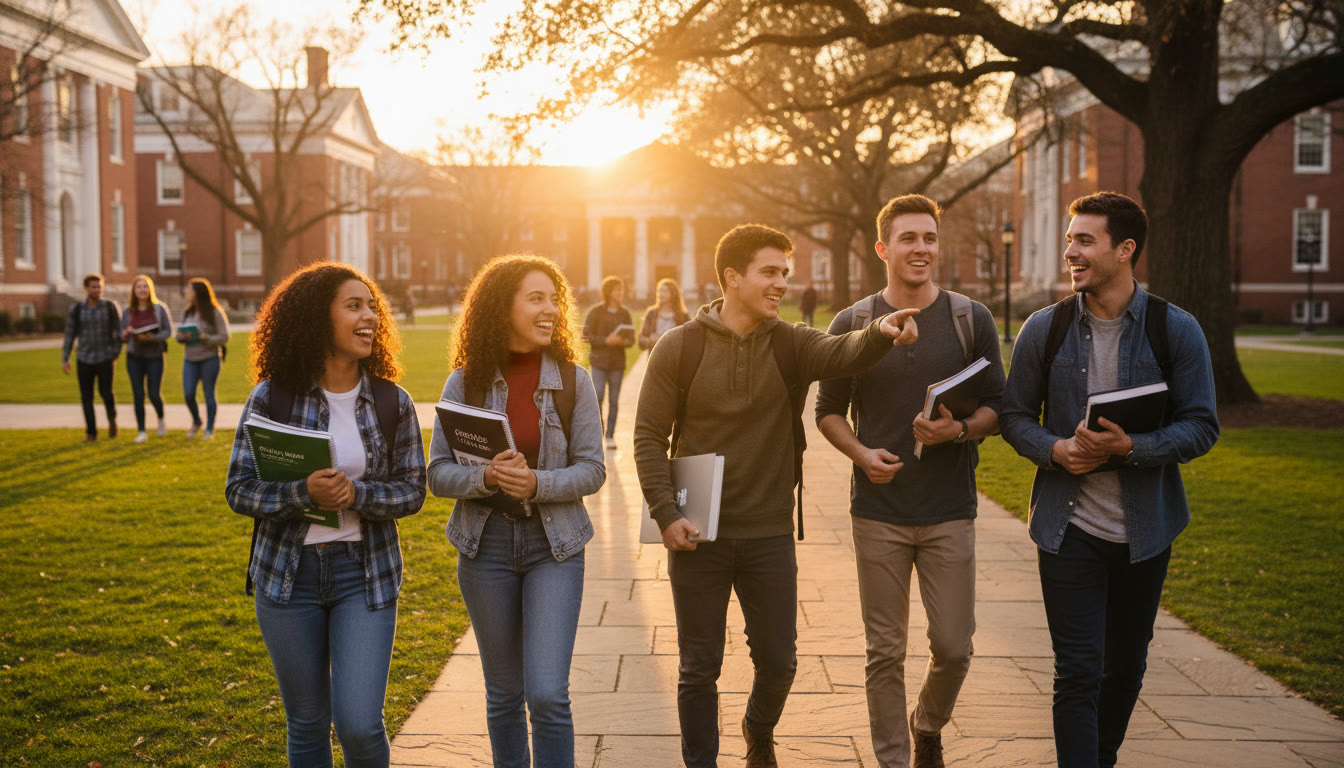 Photo Idea : A hopeful, candid shot of a diverse group of students walking on a university campus at sunset, notebooks in hand, symbolizing aspiration and community.