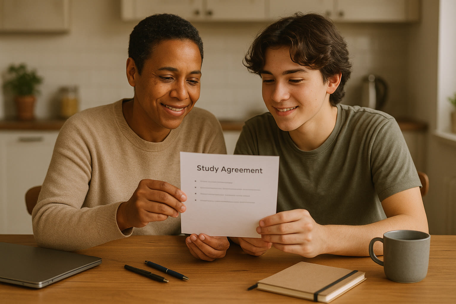 Photo Idea : A calm parent and teen at a kitchen table, laptops closed, holding a short, handwritten study agreement. Soft natural light, relaxed atmosphere—conveys collaboration, not conflict.