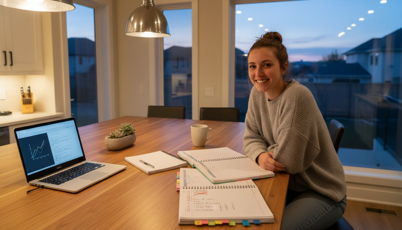 Photo Idea : A calm evening scene of a teen studying at a kitchen island with a laptop, notebooks, and a small planner open showing a reduced work schedule and a list of AP tasks.