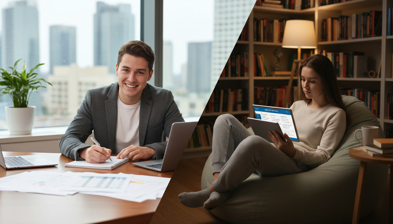 Photo Idea : A split image concept: on one side, a student at an internship site jotting notes; on the other, the same student studying on a tablet for a Digital SAT practice block   shows balance between gap-year experience and test prep.