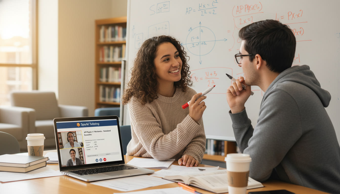 Photo Idea : A warm, candid photo of a pair of students (one helping the other) working through AP Physics problems on a whiteboard, with a laptop showing a Sparkl tutoring session open — captures collaboration and supportive guidance.