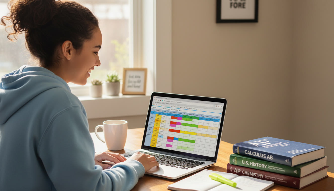 Photo Idea : A focused student sitting at a sunny desk with AP textbooks and a laptop open to a planning spreadsheet—visual conveys deliberate planning and readiness. Place this image near the top 30% of the article to set a reflective, action-oriented tone.