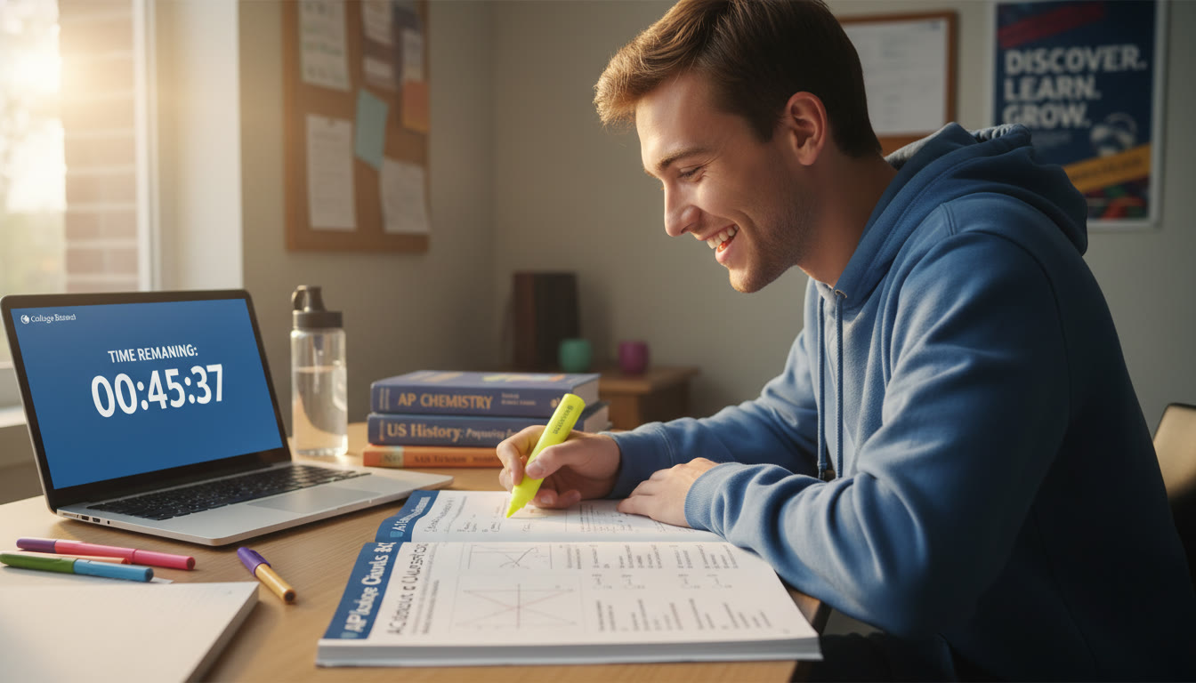 Photo Idea : A top-of-article hero showing a student at a desk with a highlighter, AP practice booklet open to a graph and a laptop with a timed countdown—bright, focused, energetic composition to set an exam-prep mood.