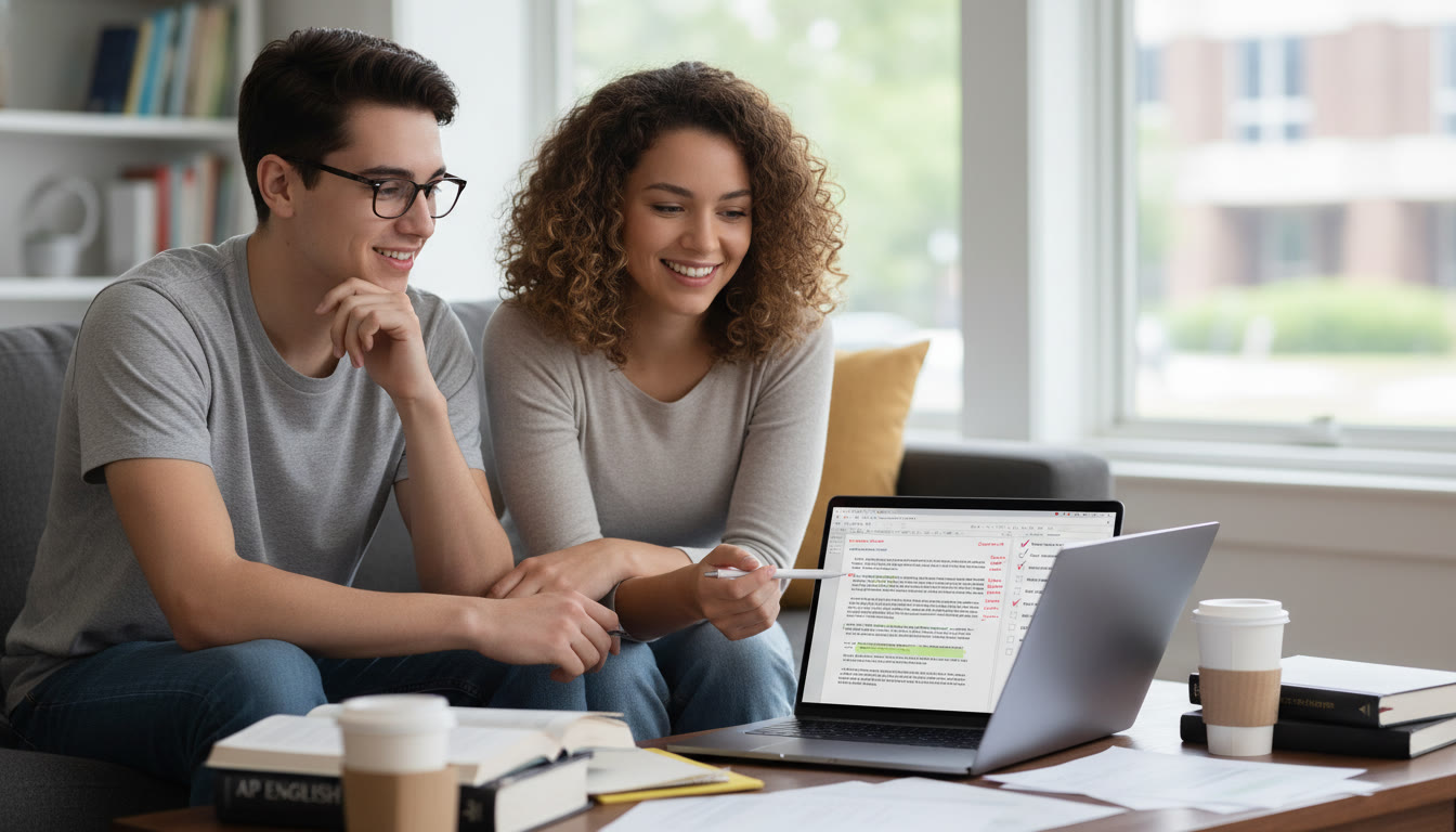 Photo Idea : A tutor and student reviewing a timed practice essay on a laptop, with annotated paragraphs and a visible checklist—illustrates the value of personalized feedback in refining purpose and audience analysis.