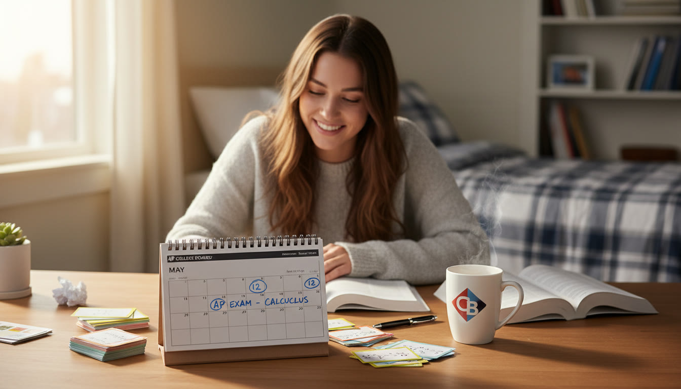 Photo Idea : A student at a desk in soft morning light, calendar and flashcards laid out, a mug of coffee nearby—conveys calm, consistent preparation rather than last-minute stress.