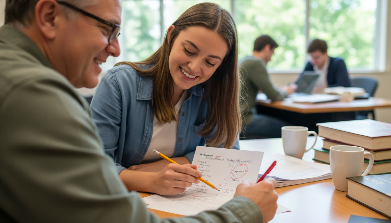 Photo Idea : A student and tutor (over-the-shoulder shot) reviewing a hand-written FRQ solution, red pen marking loop bounds and edge case notes — emphasizes collaborative review and tutoring benefit.
